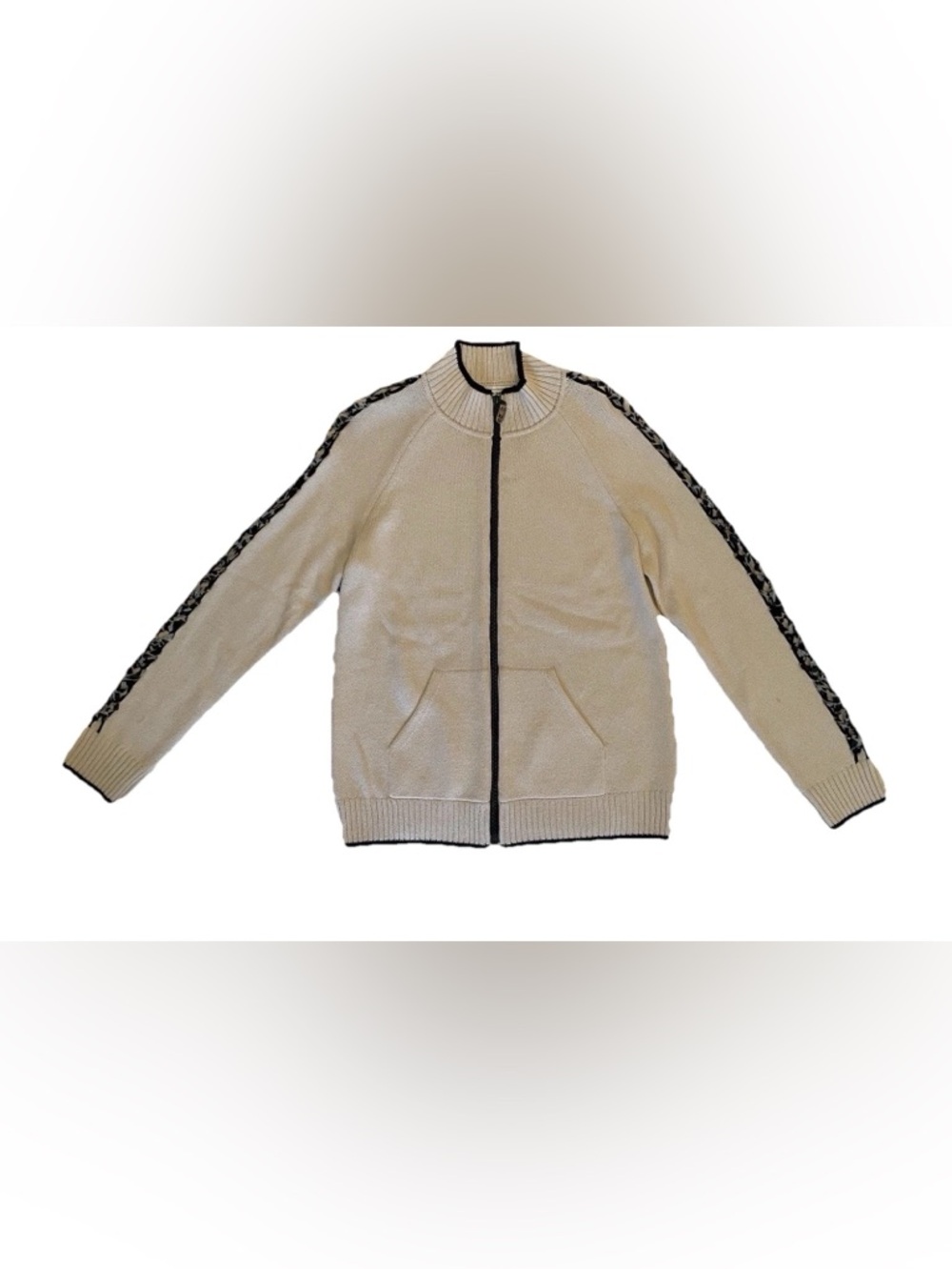 St John Sport Womens S Knit Full Zip Sweater Jacket Cream Ribbon Accent